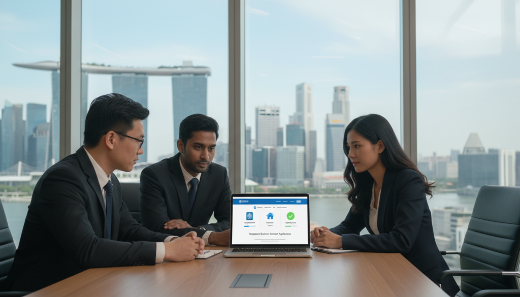A professional scene depicting a Singapore business bank account online opening process. In the foreground, a diverse group of three individuals in professional business attire—two men and one woman—are attentively engaged with a laptop on a sleek, modern desk, displaying a well-organized bank website. The middle layer showcases the laptop screen featuring graphical icons representing requirements like identification, address proof, and eligibility checks, rendered in a clear, user-friendly layout. The background features a contemporary office environment, complete with a cityscape view of Singapore through large windows, infused with natural light. The mood is focused and productive, reflecting a sense of innovation and efficiency in business banking. The image is photorealistic, capturing the essence of a modern banking experience. A professional scene depicting a Singapore business bank account online opening process. In the foreground, a diverse group of three individuals in professional business attire—two men and one woman—are attentively engaged with a laptop on a sleek, modern desk, displaying a well-organized bank website. The middle layer showcases the laptop screen featuring graphical icons representing requirements like identification, address proof, and eligibility checks, rendered in a clear, user-friendly layout. The background features a contemporary office environment, complete with a cityscape view of Singapore through large windows, infused with natural light. The mood is focused and productive, reflecting a sense of innovation and efficiency in business banking. The image is photorealistic, capturing the essence of a modern banking experience.