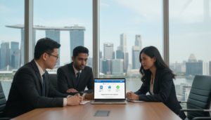 A professional scene depicting a Singapore business bank account online opening process. In the foreground, a diverse group of three individuals in professional business attire—two men and one woman—are attentively engaged with a laptop on a sleek, modern desk, displaying a well-organized bank website. The middle layer showcases the laptop screen featuring graphical icons representing requirements like identification, address proof, and eligibility checks, rendered in a clear, user-friendly layout. The background features a contemporary office environment, complete with a cityscape view of Singapore through large windows, infused with natural light. The mood is focused and productive, reflecting a sense of innovation and efficiency in business banking. The image is photorealistic, capturing the essence of a modern banking experience.