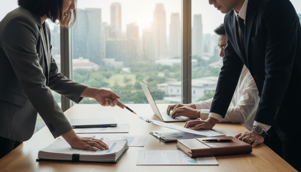 A professional workspace setting featuring a diverse group of business professionals preparing incorporation documents for a Singapore company. In the foreground, a well-organized desk displays neatly stacked papers, a laptop, and essential stationery like pens and a notepad. In the middle, two individuals in formal business attire are discussing key company details, pointing at a document while another person types on a laptop. The background features a window with natural light streaming in, a modern cityscape visible beyond. The atmosphere is industrious yet collaborative, conveying a sense of focus and diligence. Use soft, diffused lighting to create an inspiring workspace vibe, emphasizing professionalism and teamwork.