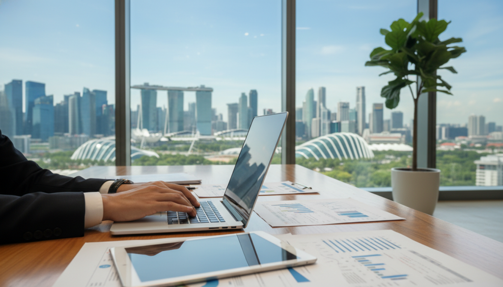 A sleek and modern office environment in Singapore, showcasing a professional workspace featuring a stylish desk with a laptop open on it and various business papers neatly arranged. In the foreground, include a pair of hands typing on the keyboard, dressed in business attire. The middle ground will have a large window revealing a vibrant cityscape of Singapore, with iconic skyscrapers in soft focus against a blue sky. In the background, a green potted plant adds a touch of nature, creating a calming atmosphere. The lighting is bright and natural, coming from the window, illuminating the workspace and enhancing the professional ambiance. Overall, the mood conveys professionalism, efficiency, and a welcoming environment aimed at business growth. Photorealistic details are essential for a high-quality image.