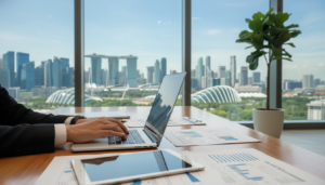 A sleek and modern office environment in Singapore, showcasing a professional workspace featuring a stylish desk with a laptop open on it and various business papers neatly arranged. In the foreground, include a pair of hands typing on the keyboard, dressed in business attire. The middle ground will have a large window revealing a vibrant cityscape of Singapore, with iconic skyscrapers in soft focus against a blue sky. In the background, a green potted plant adds a touch of nature, creating a calming atmosphere. The lighting is bright and natural, coming from the window, illuminating the workspace and enhancing the professional ambiance. Overall, the mood conveys professionalism, efficiency, and a welcoming environment aimed at business growth. Photorealistic details are essential for a high-quality image.