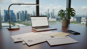 A sleek, modern office environment featuring a polished wooden desk with a variety of business-related mail items. In the foreground, a neatly organized stack of official envelopes, some partially opened, showcasing company logos. A contemporary laptop and a stylish desk lamp emit a warm, inviting light. In the middle ground, a vibrant potted plant and a high-end smartphone display notifications, conveying responsiveness. The background reveals a large window with a panoramic view of Singapore's skyline, allowing natural light to flood the space. The atmosphere is professional and efficient, reflecting a dynamic virtual office service. The image captures the essence of seamless mail services in a photorealistic style, emphasizing clarity and focus on the mail elements while maintaining a tranquil work environment.