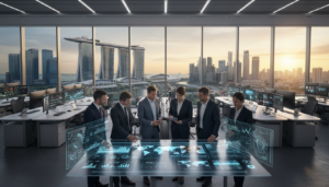 A sleek, modern office space featuring multiple operations platforms for remote business engagements. In the foreground, a diverse group of professionals dressed in smart business attire collaborates around a large, interactive touch-screen display showcasing data analytics and remote communication tools. In the middle ground, multiple workstations equipped with advanced technology, like laptops and monitors, illustrate a high-tech environment. The background reveals a panoramic view of Singapore's skyline through floor-to-ceiling windows, symbolizing innovation and connectivity. Bright ambient lighting reflects a productive atmosphere, while soft shadows create a sense of depth and focus within the room. The mood is dynamic yet professional, highlighting the integration of technology in business operations.