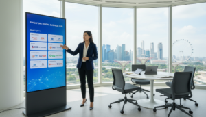 A sleek, modern office space in Singapore, showcasing a digital services directory prominently displayed on a large screen at the forefront. In the foreground, a business professional in smart attire interacts with the directory, pointing out various services offered by local companies. The middle section features a stylish, minimalist meeting area with a round table and ergonomic chairs, highlighting collaboration in remote business operations. In the background, large windows reveal a skyline view of Singapore's iconic buildings under bright, natural daylight. The atmosphere is dynamic and professional, conveying a sense of innovation and efficiency in business operations. The composition is sharp and photorealistic, reflecting a contemporary business environment.