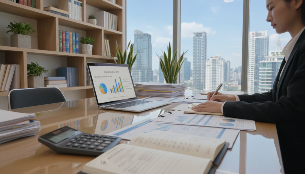 A sleek, modern office workspace featuring a professional businesswoman in business attire, sitting at a polished wooden desk cluttered with financial documents and a laptop displaying colorful charts and graphs related to estimated chargeable income. In the foreground, a close-up of a calculator and a notepad with calculations can be seen. The middle ground includes a large window allowing natural light to flood the room, with a city skyline visible in the distance. The background subtly showcases shelves filled with tax-related books and plants, creating a vibrant yet professional atmosphere. Shot with a wide-angle lens, the image should convey a focused and productive mood, highlighting the importance of compliant filing and tax benefits in a visually engaging and photorealistic style. A sleek, modern office workspace featuring a professional businesswoman in business attire, sitting at a polished wooden desk cluttered with financial documents and a laptop displaying colorful charts and graphs related to estimated chargeable income. In the foreground, a close-up of a calculator and a notepad with calculations can be seen. The middle ground includes a large window allowing natural light to flood the room, with a city skyline visible in the distance. The background subtly showcases shelves filled with tax-related books and plants, creating a vibrant yet professional atmosphere. Shot with a wide-angle lens, the image should convey a focused and productive mood, highlighting the importance of compliant filing and tax benefits in a visually engaging and photorealistic style.
