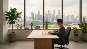 A sleek, modern virtual office setup in Singapore, featuring a clean, spacious desk with a sleek laptop and a stylish ergonomic chair. In the foreground, a professional-looking individual in smart business attire, focused on the screen, symbolizes productivity and professionalism. The middle ground showcases a tasteful arrangement of indoor plants and contemporary decorative elements, enhancing the workspace's aesthetic. In the background, large windows reveal a stunning view of Singapore's skyline, filled with iconic skyscrapers and greenery. Soft, natural lighting filters through the windows, casting warm tones throughout the office, creating a welcoming and professional atmosphere. The mood is inspiring and efficient, ideal for business operations in a vibrant city. Photorealistic details highlight textures and materials, ensuring a polished presentation of a virtual office environment.