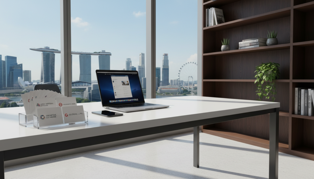 A sleek, modern virtual office setup in Singapore, showcasing a stylish desk with a high-end laptop and a smartphone. In the foreground, a neatly arranged business card holder, displaying various company names. The middle ground features a large window overlooking a vibrant city skyline, with iconic Singaporean architecture. In the background, a contemporary bookshelf filled with well-organized business books and decorative plants, creating an inviting yet professional atmosphere. Soft, natural lighting filters through the window, casting gentle shadows across the workspace. The overall mood is focused and inspiring, perfect for a business environment, emphasizing organization and professionalism, suitable for different business types considering a virtual office address.