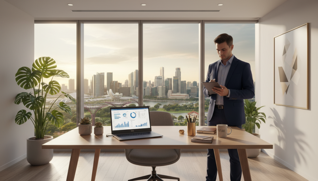 A sleek, modern virtual office setup in Singapore, showcasing a stylish desk with a laptop open to a professional business dashboard, surrounded by potted plants and elegant stationery. In the foreground, an anonymous figure dressed in professional attire, such as a blazer and dress shirt, stands confidently beside the desk, making notes on a tablet. In the middle ground, a large window reveals a panoramic view of Singapore’s iconic skyline, bathed in warm, natural light. The background features minimalist decor with soft lighting, creating an inviting and productive atmosphere. The overall mood is one of professionalism and efficiency, suitable for a contemporary business environment. The image should be photorealistic, capturing the fine details of the workspace and cityscape.