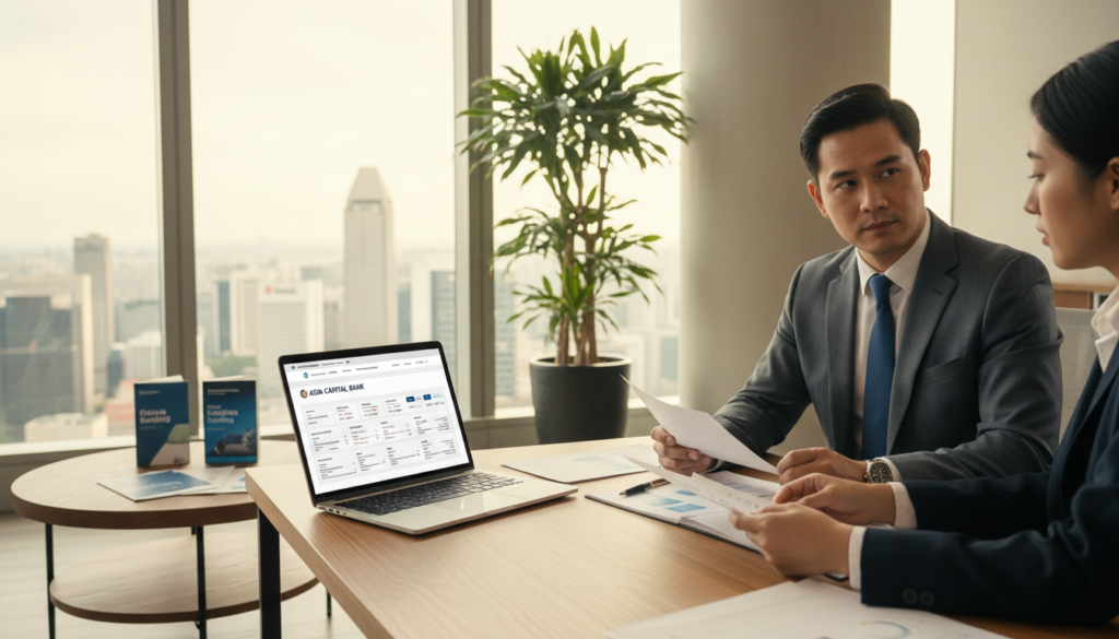 A spacious, modern office interior in Singapore, featuring a large desk with a sleek laptop open to a banking website displaying a corporate bank account dashboard. In the foreground, a professional businessperson, dressed in formal attire, is engaged in a discussion while reviewing financial documents. The middle ground includes potted plants and a small coffee table with a few banking brochures, adding a touch of warmth. The background showcases a large window with a view of Singapore’s skyline, capturing iconic buildings bathed in soft, natural sunlight. The mood is focused and professional, emphasizing the importance of understanding the banking landscape for foreign-owned companies in Singapore. The composition is crisp and photorealistic, shot with a slight angle to add depth. A spacious, modern office interior in Singapore, featuring a large desk with a sleek laptop open to a banking website displaying a corporate bank account dashboard. In the foreground, a professional businessperson, dressed in formal attire, is engaged in a discussion while reviewing financial documents. The middle ground includes potted plants and a small coffee table with a few banking brochures, adding a touch of warmth. The background showcases a large window with a view of Singapore’s skyline, capturing iconic buildings bathed in soft, natural sunlight. The mood is focused and professional, emphasizing the importance of understanding the banking landscape for foreign-owned companies in Singapore. The composition is crisp and photorealistic, shot with a slight angle to add depth.
