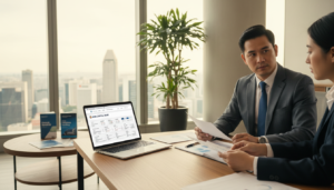 A spacious, modern office interior in Singapore, featuring a large desk with a sleek laptop open to a banking website displaying a corporate bank account dashboard. In the foreground, a professional businessperson, dressed in formal attire, is engaged in a discussion while reviewing financial documents. The middle ground includes potted plants and a small coffee table with a few banking brochures, adding a touch of warmth. The background showcases a large window with a view of Singapore’s skyline, capturing iconic buildings bathed in soft, natural sunlight. The mood is focused and professional, emphasizing the importance of understanding the banking landscape for foreign-owned companies in Singapore. The composition is crisp and photorealistic, shot with a slight angle to add depth.