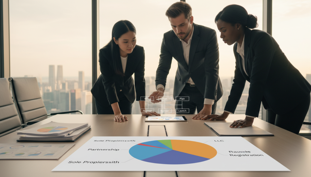 A visually striking, photorealistic depiction of a modern office space featuring a diverse group of professionals dressed in formal business attire, engaged in a discussion around a large table with charts and diagrams illustrating various business structures. In the foreground, a close-up of a colorful pie chart and stacked papers highlighting different business types. In the middle ground, three individuals—one Asian, one Caucasian, and one Black—point at a digital tablet displaying a flowchart, symbolizing the decision-making process. The background reveals a large window with a view of Singapore’s skyline, bathed in warm afternoon light, creating a sense of optimism and professionalism. The scene conveys an atmosphere of collaboration, strategy, and informed choices in business registration. A visually striking, photorealistic depiction of a modern office space featuring a diverse group of professionals dressed in formal business attire, engaged in a discussion around a large table with charts and diagrams illustrating various business structures. In the foreground, a close-up of a colorful pie chart and stacked papers highlighting different business types. In the middle ground, three individuals—one Asian, one Caucasian, and one Black—point at a digital tablet displaying a flowchart, symbolizing the decision-making process. The background reveals a large window with a view of Singapore’s skyline, bathed in warm afternoon light, creating a sense of optimism and professionalism. The scene conveys an atmosphere of collaboration, strategy, and informed choices in business registration.