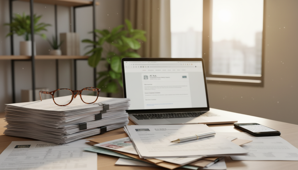 A well-organized desk scene captures the essence of business documentation for company registration. In the foreground, a stack of various documents, including company forms, identification papers, and financial statements, neatly arranged with a pair of reading glasses and a fountain pen resting beside them. In the middle ground, an open laptop displays a government website about business incorporation in Singapore, while a smartphone shows a calendar reminder for important deadlines. The background features a softly blurred view of a modern office, with indoor plants and a window letting in natural light, creating an inviting atmosphere. The lighting is warm and inviting, with a professional mood, highlighting the importance of organization and clarity in the preparation for incorporation. The composition should convey a sense of professionalism and readiness.