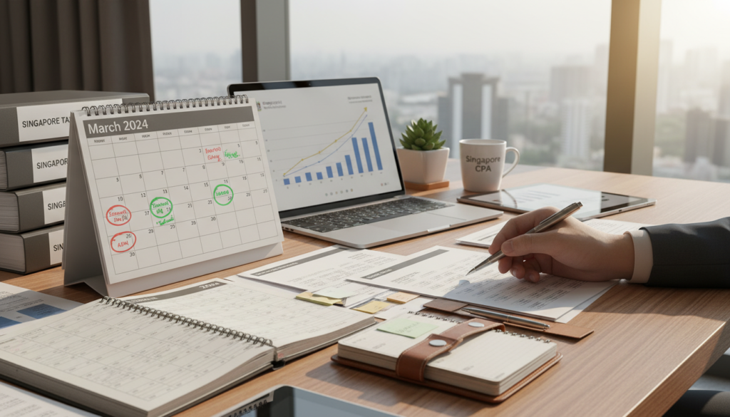 A well-organized office desk with important corporate tax documents spread out, including calendars and planners marked with key filing dates. In the foreground, a close-up of a hand holding a pen, poised to mark a date. The middle layer features a desktop calendar open to the current month, with highlighted deadlines in bright colors. A laptop showing a financial graph adds to the business atmosphere. In the background, a large window lets in natural light, creating a bright and focused environment. The overall mood is professional and organized, evoking a sense of urgency and diligence around corporate tax filing in Singapore. Photorealistic lighting emphasizes the details of the documents, creating a clean, inspiring workspace. A well-organized office desk with important corporate tax documents spread out, including calendars and planners marked with key filing dates. In the foreground, a close-up of a hand holding a pen, poised to mark a date. The middle layer features a desktop calendar open to the current month, with highlighted deadlines in bright colors. A laptop showing a financial graph adds to the business atmosphere. In the background, a large window lets in natural light, creating a bright and focused environment. The overall mood is professional and organized, evoking a sense of urgency and diligence around corporate tax filing in Singapore. Photorealistic lighting emphasizes the details of the documents, creating a clean, inspiring workspace.