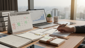 A well-organized office desk with important corporate tax documents spread out, including calendars and planners marked with key filing dates. In the foreground, a close-up of a hand holding a pen, poised to mark a date. The middle layer features a desktop calendar open to the current month, with highlighted deadlines in bright colors. A laptop showing a financial graph adds to the business atmosphere. In the background, a large window lets in natural light, creating a bright and focused environment. The overall mood is professional and organized, evoking a sense of urgency and diligence around corporate tax filing in Singapore. Photorealistic lighting emphasizes the details of the documents, creating a clean, inspiring workspace.