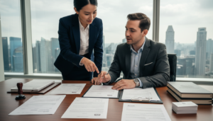 A well-organized office space showcasing the role of a company secretary, with a polished wooden desk at the foreground adorned with neatly arranged company documents such as incorporation papers and regulatory forms. In the middle ground, a professional woman in business attire collaborates with a man in a suit, both engaged in discussion while reviewing the documents. They radiate an atmosphere of teamwork and professionalism. The background features a modern office environment with tall windows letting in soft, natural light that casts gentle shadows, enhancing the scene's depth. The overall mood is focused and efficient, conveying the essential paperwork involved in company incorporation in Singapore, with a photorealistic style capturing every detail.