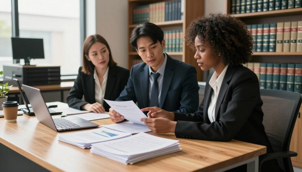 A well-organized office space that conveys a sense of professionalism and focus on legal requirements for company registration. In the foreground, a wooden desk features a neatly arranged stack of legal documents, a laptop displaying graphs, and a coffee cup. The middle ground showcases a diverse group of three professionals in business attire: a Caucasian woman, an Asian man, and a Black woman, engaged in a discussion around the desk, pointing at the documents and exchanging ideas. The background includes shelves filled with legal books and a large window letting in natural light, casting soft shadows. The atmosphere is collaborative and serious, reflecting the importance of understanding legal requirements for company incorporation in a vibrant yet subtle office setting.