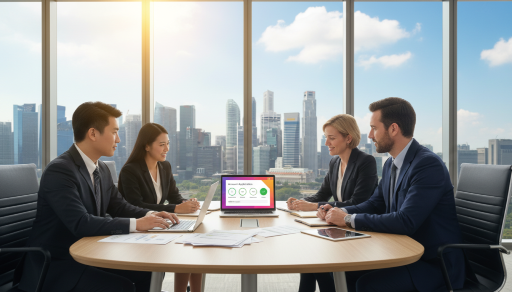 A bright, modern office environment showcasing a business bank account opening process in Singapore. In the foreground, a diverse group of professionals, dressed in smart business attire, are seated at a sleek conference table filled with financial documents and laptops, exchanging ideas. The middle layer features an open laptop displaying a colorful digital dashboard titled “Account Application,” with clear tabs and progress indicators. In the background, large windows reveal a sunny skyline of Singapore, symbolizing growth and opportunity. The lighting is bright and inviting, highlighting the engaged expressions of the professionals. The atmosphere is collaborative and dynamic, reflecting the efficiency of banking processes in a contemporary financial hub.