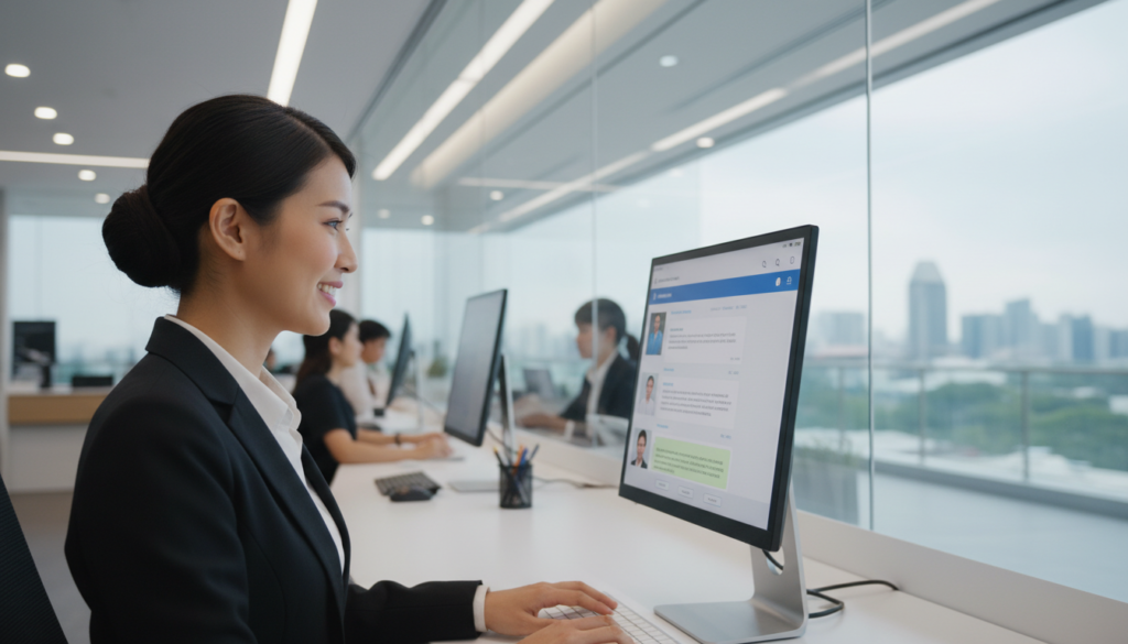 A bustling digital banking customer service scene set in a modern office environment. In the foreground, a friendly customer service representative, dressed in professional business attire, is engaged in an in-app chat on a sleek computer. The representative has a warm smile, projecting a sense of trust and support. In the middle ground, a traditional bank branch is visible through a large glass window, showcasing rows of teller windows and customers conversing with staff. The background includes subtle hints of Singapore's skyline, adding context to the setting. The lighting is bright and inviting, creating a contrast between the digital-focused service in the foreground and the more traditional banking atmosphere outside. The mood is professional yet approachable, highlighting the evolution of customer service in banking.