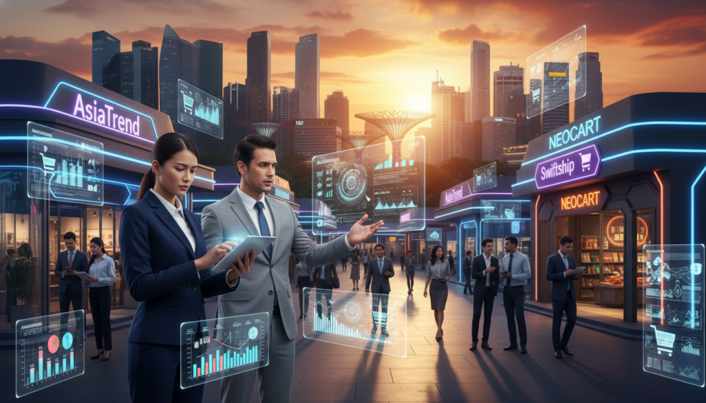 A bustling e-commerce market scene set in Singapore, showcasing a diverse group of professional individuals in business attire engaging with digital devices. In the foreground, a woman analyzing sales data on a tablet, while a man nearby discusses e-commerce strategies with a colleague, both surrounded by charts and graphs reflecting online trends. The middle layer features sleek modern storefronts with glowing neon signs advertising various online brands, seamlessly integrating technology into the shopping experience. In the background, the distinct Singapore skyline with iconic skyscrapers under a vibrant sunset, casting warm light over the scene. The overall mood is dynamic and optimistic, embodying innovation and growth in the digital marketplace. Photorealistic style with soft focus, captured from a slightly elevated angle for depth.