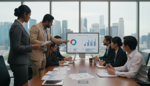 A bustling office environment portraying a diverse group of professionals engaged in discussions about GST-registered businesses. In the foreground, a South Asian woman in a smart business suit examines a document, while next to her, a Middle-Eastern man in a tailored blazer points to a computer screen displaying colorful graphs. The middle ground features a modern conference table surrounded by individuals of various ethnicities, all dressed in professional attire, collaborating with laptops, notebooks, and coffee cups. The background showcases glass windows with a view of Singapore’s skyline, bathed in soft, natural light, creating a vibrant yet focused atmosphere. The image should have a photorealistic quality, capturing the essence of teamwork and professionalism in the context of GST filings.