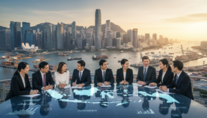 A bustling urban landscape depicting both Singapore and Hong Kong to illustrate their strategic market access. In the foreground, a diverse group of business professionals, dressed in business attire, are engaged in a collaborative discussion over a large digital map highlighting ASEAN countries and Mainland China. The middle ground features iconic skyscrapers of Singapore and Hong Kong, with a clear view of the bustling harbor and shipping lanes, symbolizing trade and connectivity. The background is layered with a hazy sunset casting golden light over the skyline, enhancing the atmosphere of opportunity and growth. Use a wide-angle perspective to capture the vibrancy of this international business hub, with soft, natural lighting to create a professional and optimistic mood. The image should be photorealistic, focusing on clarity and detail.