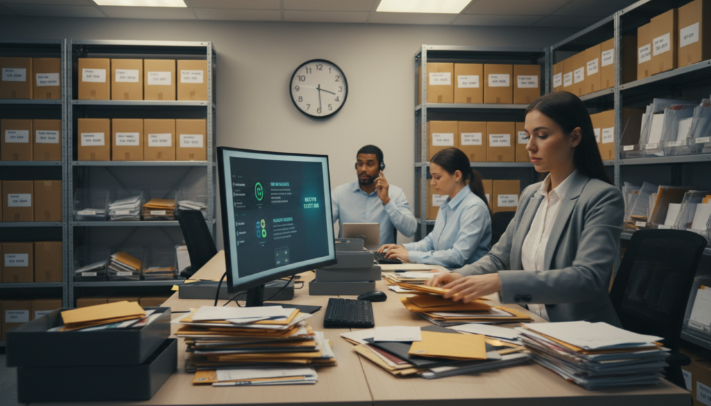 A busy office environment focused on mail handling services. In the foreground, a professional employee in business attire is sorting through a pile of letters and packages at an organized desk, with a modern computer screen displaying digital mail alerts. In the middle ground, additional staff members are working efficiently, one on a phone call, emphasizing the communication aspect of virtual office services. The background features shelves with neatly stacked boxes and envelopes, along with a wall clock showing the time, enhancing the sense of urgency. Soft overhead lighting casts a warm glow, creating an inviting atmosphere. The scene captures the professionalism and effectiveness of mail handling within a virtual office context, rendered in photorealistic detail.