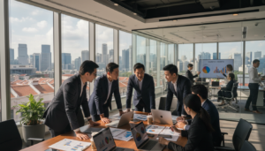A busy urban office setting in Singapore showcasing diverse business activities. In the foreground, a group of professionals in smart business attire are engaged in a lively discussion around a conference table filled with documents and laptops. The middle ground features a glass wall conference room where another team is collaborating over a presentation, with charts and graphs displayed on a screen. The background displays a bustling cityscape through large windows, enhancing the modern business atmosphere. Bright, natural lighting floods the room, creating a vibrant and dynamic feel. Use a wide-angle lens perspective to capture the energy of the environment while ensuring a photorealistic depiction of the space and its occupants.