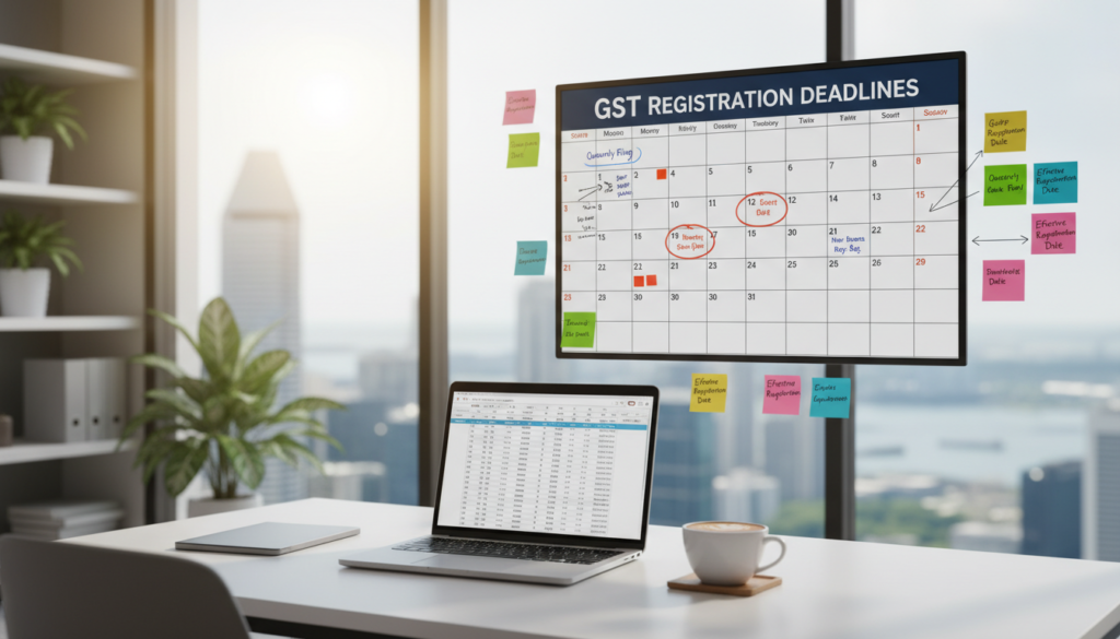A clear, organized office space depicting a digital calendar highlighting important GST registration deadlines. In the foreground, a modern desk with a sleek laptop displaying a financial spreadsheet and a cup of coffee, ensuring a professional atmosphere. In the middle, a large wall calendar features marked dates for registration deadlines, with colorful sticky notes for effective registration dates, creating a sense of urgency. The background shows a well-lit office environment with plants and a cityscape visible through a large window, capturing the essence of Singapore's business environment. Soft natural lighting enhances the scene, imparting a productive and focused mood, while a shallow depth of field draws attention to the calendar and desk setup, emphasizing the importance of timely GST registration.