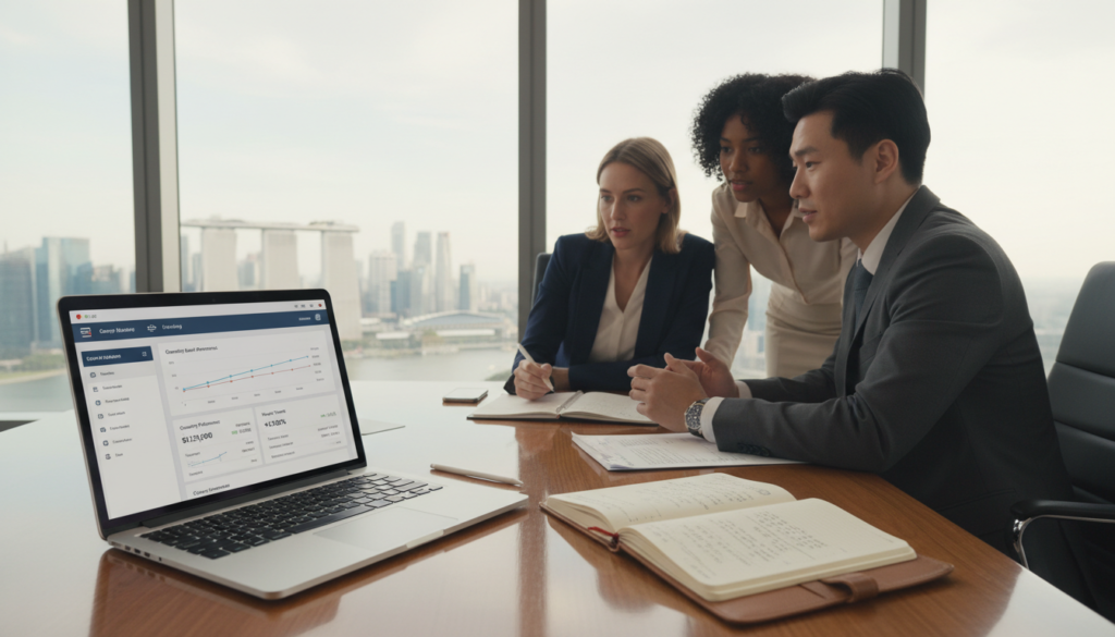 A close-up view of a professional-looking desk in a modern, bright office setting, accentuated by sleek digital tools such as a laptop and a stylish pen resting beside an open notebook filled with financial notes. In the foreground, a detailed shot of a banking app interface displayed on the laptop screen, showcasing a corporate bank account dashboard with various financial graphs and figures. In the middle, a diverse group of three business professionals—a Caucasian woman, an Asian man, and a Black woman—dressed in professional attire, appear engaged in discussion about financial strategies. The background features a large window with a view of Singapore’s skyline, filled with skyscrapers under natural daylight, creating an atmosphere of ambition and success. The image should be photorealistic, with soft lighting that enhances the professional ambiance.
