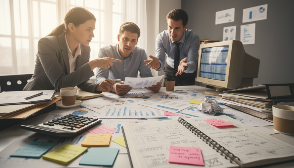 A cluttered office desk scene focusing on manual productivity tracking methods, featuring a diverse group of professionals in smart business attire engaged in discussions over paper documents and spreadsheets. The foreground includes a close-up of an open notebook filled with handwritten notes, a calculator, and color-coded sticky notes. In the middle, colleagues are analyzing performance charts and graphs on printed paper, with a sense of frustration displayed on their faces. The background shows an older computer setup with a flickering screen, adding to the theme of outdated processes. Soft, natural lighting streams through the window, creating a warm but tense atmosphere that highlights the inefficiencies of manual tracking. The angle is slightly elevated, providing a clear view of the interaction amidst the disorganization.