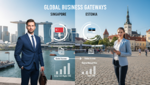 A compelling visual comparison of company registration in Singapore and Estonia, featuring two contrasting cityscapes. In the foreground, depict a confident business professional in formal attire, holding a briefcase, representing Singapore on the left, with the iconic Marina Bay Sands visible behind. On the right, an equally poised entrepreneur in smart-casual attire stands in front of Tallinn's historic architecture, symbolizing Estonia. In the middle ground, subtle infographic elements, such as charts or icons, hint at key differences in registration processes between the two countries. The background should showcase vibrant city life, emphasizing innovation and entrepreneurship. Use bright, natural lighting to evoke an optimistic atmosphere, and incorporate a slightly low angle to enhance the stature of the individuals and cities.