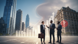 A conceptual illustration of double taxation, depicting a split scene of a skyscraper-filled city skyline on one side, symbolizing foreign income, and a contrasting classic office building on the other, representing local tax obligations. In the foreground, a diverse group of three business professionals in formal attire, appearing thoughtful and engaged in discussion, with one holding a briefcase labeled “Tax Strategy.” The middle ground features financial charts and graphs, visually representing increasing profits with arrows pointing upwards, while in the background, the sky transitions from clear blue to a subtle gradient, reflecting a sense of tension and concern over financial matters. The lighting is soft and warm, creating a professional yet slightly serious atmosphere, shot with a wide-angle lens for depth.