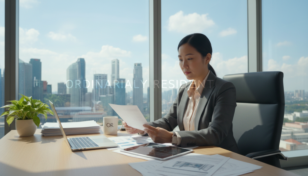 A confident, professional-looking Asian female director sits at a sleek, modern office desk, surrounded by a well-organized workspace featuring a laptop, financial documents, and a potted plant. She is dressed in a tailored business suit, exuding authority and competence. The office has large windows showcasing the skyline of Singapore in the background, with clear blue skies and slight cloud coverage. Soft, natural lighting flows into the space, creating a warm and inviting atmosphere. The camera angle captures her from slightly above, emphasizing her engagement in evaluating documents. The overall mood conveys professionalism and decision-making in a corporate setting, highlighting the concept of "ordinarily resident” in a subtle, artistic manner. A confident, professional-looking Asian female director sits at a sleek, modern office desk, surrounded by a well-organized workspace featuring a laptop, financial documents, and a potted plant. She is dressed in a tailored business suit, exuding authority and competence. The office has large windows showcasing the skyline of Singapore in the background, with clear blue skies and slight cloud coverage. Soft, natural lighting flows into the space, creating a warm and inviting atmosphere. The camera angle captures her from slightly above, emphasizing her engagement in evaluating documents. The overall mood conveys professionalism and decision-making in a corporate setting, highlighting the concept of "ordinarily resident” in a subtle, artistic manner.