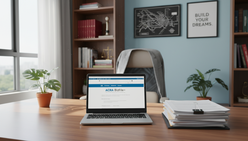 A cozy home office setting in Singapore, prominently featuring a well-organized desk with a laptop displaying the ACRA BizFile+ webpage. In the foreground, a neatly stacked pile of business registration documents and a decorative potted plant add a touch of warmth. The middle ground showcases a bright window allowing natural light to flood the room, illuminating a comfortable chair draped with a blazer, emphasizing a professional yet inviting atmosphere. In the background, a bookshelf filled with legal and business literature suggests a focus on entrepreneurship. The mood is productive and inspiring, reflecting the significance of registering a company from home, captured in photorealistic detail. A cozy home office setting in Singapore, prominently featuring a well-organized desk with a laptop displaying the ACRA BizFile+ webpage. In the foreground, a neatly stacked pile of business registration documents and a decorative potted plant add a touch of warmth. The middle ground showcases a bright window allowing natural light to flood the room, illuminating a comfortable chair draped with a blazer, emphasizing a professional yet inviting atmosphere. In the background, a bookshelf filled with legal and business literature suggests a focus on entrepreneurship. The mood is productive and inspiring, reflecting the significance of registering a company from home, captured in photorealistic detail.