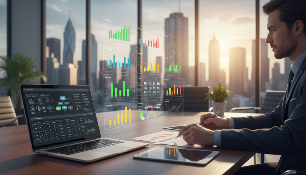 A detailed, photorealistic illustration of a provider scoring framework for evaluating virtual office services. In the foreground, display a sleek wooden table with an open laptop showing a digital scoring matrix and organizational charts. Include a professional business professional in smart attire, attentively reviewing documents alongside a tablet displaying metrics. In the middle ground, depict a variety of color-coded charts and graphs representing different virtual office providers' scores, cascading in a neat arrangement. In the background, an elegant office space with glass walls, showcasing a modern city skyline, creates a sophisticated atmosphere. Soft, natural lighting filters through the glass, enhancing the professional ambiance. The overall mood should exude trustworthiness and clarity in evaluating virtual office options.