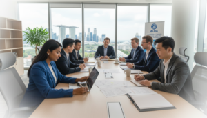 A detailed scene of the incorporation process in Singapore, showcasing a diverse group of professionals in business attire engaged in a collaborative meeting. In the foreground, focus on two individuals—one reviewing documents on a laptop and the other taking notes on a notepad. The middle layer displays a modern office environment with sleek furniture and corporate decor, including a large window revealing the iconic Singapore skyline. In the background, an ACRA (Accounting and Corporate Regulatory Authority) logo subtly appears on a wall poster. The lighting is bright and inviting, creating a motivational atmosphere, with a soft focus effect to provide a professional yet approachable ambiance. Captured with a wide-angle lens to encompass the entire setting in a photorealistic style.