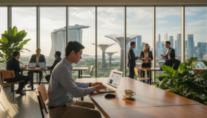 A digital nomad, a young professional in smart casual attire, energetically working on a laptop at a stylish co-working space in Singapore. The foreground features the individual focused on the screen, with a city skyline visible through large windows. In the middle ground, vibrant green plants add a touch of nature, while diverse groups of professionals collaborate at other desks. The background showcases iconic Singaporean architecture, like the Marina Bay Sands and Supertree Grove. Soft, natural light streams in, creating a warm and inviting atmosphere. The mood is dynamic and inspiring, reflecting the blend of modern technology and a cosmopolitan lifestyle. Shot with a wide-angle lens for depth and clarity, emphasizing both the subject and the bustling environment.
