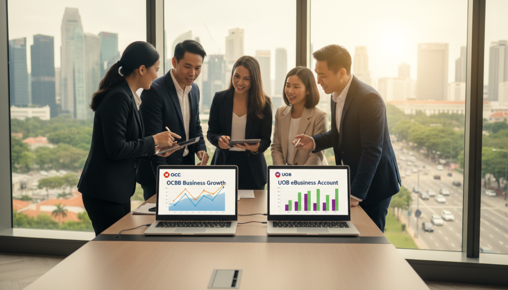 A dynamic and professional scene depicting a comparison between OCBC Business Growth and UOB eBusiness accounts for startups. In the foreground, a sleek desk features two modern laptops displaying financial graphs, with OCBC's logo on one and UOB's logo on the other. A diverse group of four professionals in smart business attire—two women and two men—intently discuss the data, showcasing collaboration and growth. The middle ground features a stylish, modern office with large windows overlooking Singapore's skyline, rich greenery visible outside, indicating a thriving business environment. The background offers a soft focus of bustling city life, with light streaming in, creating a bright and optimistic atmosphere. The image should be photorealistic, capturing the essence of business vitality and opportunity.