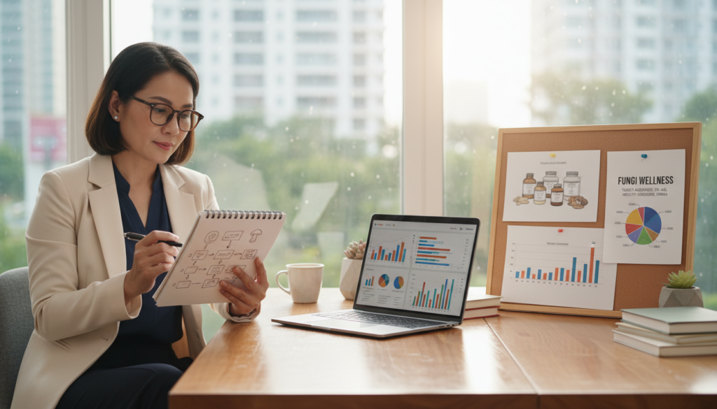 A focused workspace is set up for planning an online business, featuring a sleek wooden desk with a laptop displaying graphs and analytics. In the foreground, a professional in smart casual attire, a middle-aged Asian woman, thoughtfully examines a notepad filled with notes and sketches. The middle ground includes charts pinned on a corkboard, showcasing a colorful niche product idea and target customer demographics. In the background, large windows let in soft natural light, casting a warm glow over the scene. The atmosphere is inspiring and productive, evoking a sense of clarity and strategic planning, with an organized layout that encourages creativity and action. The image should be photorealistic with a shallow depth of field, emphasizing the business planning elements while slightly blurring the background details.