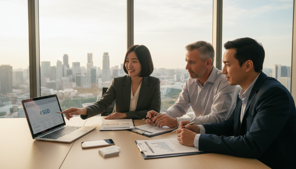 A modern Singaporean office setting, showcasing a diverse group of three professionals in business attire. In the foreground, a young Asian woman is enthusiastically discussing a digital payment process on a laptop with a middle-aged Caucasian man, who is reviewing documents. The middle ground features a sleek, stylish desk with a smartphone displaying a digital payment app and a stack of business cards. The background reveals a panoramic view of the Singapore skyline through large windows, with soft sunlight illuminating the scene, creating a warm and inviting atmosphere. The image captures the essence of professionalism and collaboration, highlighting the ease of setting up an SGD account for receiving payments locally, in a photorealistic style.