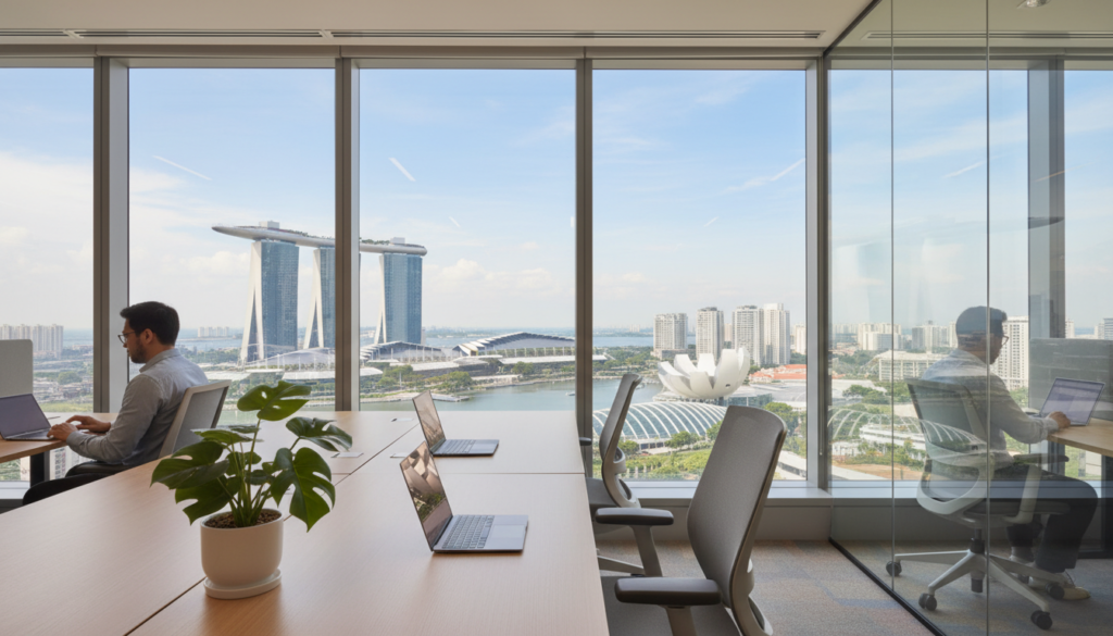 A modern Singaporean office space designed for remote work, showcasing a sleek, minimalist aesthetic. In the foreground, an elegant desk with a high-tech laptop, ergonomic chair, and a potted plant. The middle ground features a large window with stunning views of Singapore's skyline, incorporating iconic buildings like Marina Bay Sands. Soft, natural light floods the room, creating a warm and inviting atmosphere. In the background, there are subtle hints of other remote workers in professional attire, collaborating over video calls on their own devices, emphasizing teamwork. The overall mood is focused and productive, ideal for illustrating the concept of an effective remote work structure in a Singapore business context.