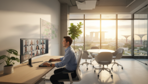 A modern, affordable virtual office space, designed for cost-effective business operations, features a sleek, minimalist desk with a high-tech computer setup, surrounded by plants for a touch of greenery. In the foreground, a professional individual dressed in business casual attire is engaged in a video call, showcasing collaboration in a virtual setting. In the middle ground, a stylish meeting area with ergonomic chairs and a whiteboard reflects a focus on productivity, while the background reveals large windows overlooking a vibrant cityscape of Singapore, bathed in warm, natural light. The atmosphere is inviting and professional, emphasizing efficiency and modernity, shot with a wide-angle lens to capture the full essence of the workspace and its urban backdrop.