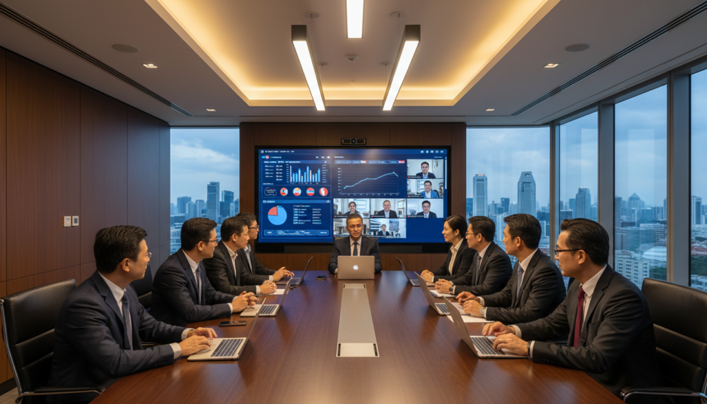 A modern board meeting in a sleek, professional conference room, designed for remote corporate governance. The foreground features a large, polished conference table surrounded by diverse professionals dressed in business attire, engaged in discussion while using laptops and tablets. The middle background shows a large digital screen displaying a dynamic board meeting management platform interface with graphs and charts. The ambient lighting is warm and inviting, emanating from contemporary overhead fixtures, creating a focused yet collaborative atmosphere. The room has large windows that reveal a panoramic view of Singapore's skyline, subtly suggesting a global business presence. Shot with a wide-angle lens to capture the entire setting, emphasizing technology and connection in a photorealistic style.