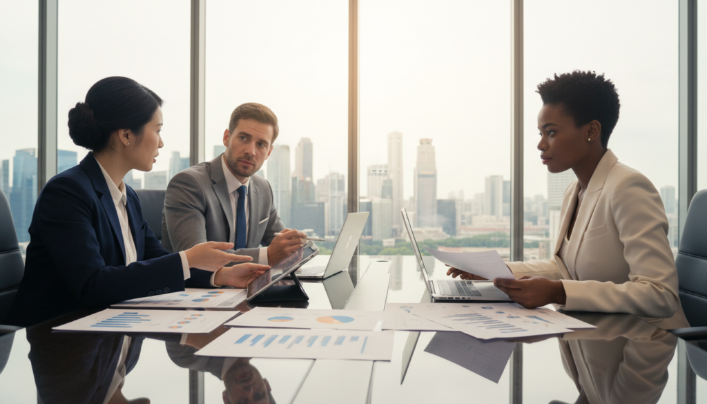 A modern boardroom setting depicting a corporate management meeting focused on strategic decision-making. In the foreground, a diverse group of three professionals—one Asian woman, one Caucasian man, and one Black woman—all dressed in smart business attire, are engaged in discussion around a sleek, oval conference table. Papers, laptops, and charts are scattered across the table, showcasing complex data and graphs. The middle ground features a large, glass wall with a panoramic view of Singapore’s skyline, adding context to the business environment. In the background, soft, natural lighting spills through the glass, creating an inviting atmosphere. The image is photorealistic, captured from a low angle to emphasize the importance of the meeting, conveying a mood of focus, collaboration, and professionalism.