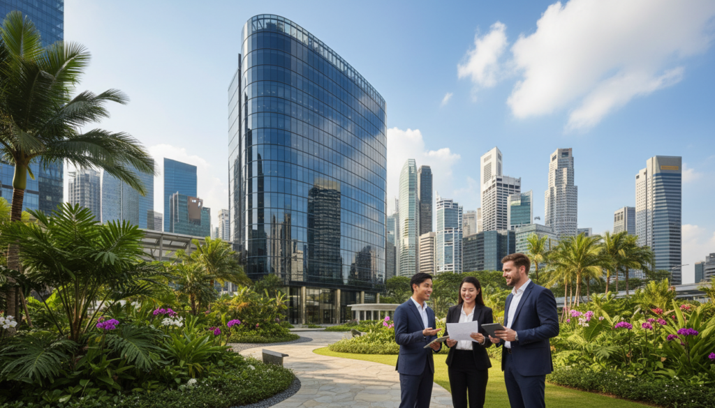 A modern business district in Singapore, showcasing a prominent office building with a sleek glass facade. In the foreground, a diverse group of three professionals in business attire, engaged in discussion while reviewing documents. The middle ground features green landscaping with tropical plants, adding a touch of local flora, and a sleek pathway leading to the entrance of the building. The background displays other contemporary skyscrapers under a bright blue sky with a few fluffy clouds. Soft, natural lighting casts gentle shadows, enhancing the photorealistic qualities of the scene. The mood conveys professionalism and optimism, ideal for branding and business decisions in a vibrant city.