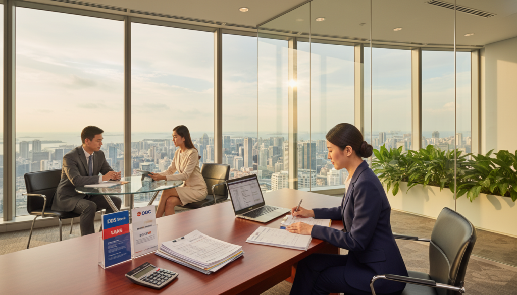A modern business setting in Singapore, featuring a sleek office with large windows showcasing a city skyline in the background. The foreground includes a professional woman in a business suit, sitting at a polished wooden desk, reviewing documents related to bank accounts. On the desk, there are various bank brochures, a laptop, and a calculator. The middle-ground highlights a bank representative conversing with a client, both dressed in smart business attire, discussing financial options. Soft, natural lighting streams in from the windows, creating a warm and inviting atmosphere. Capture the essence of professionalism and opportunity in this dynamic financial hub. Photorealistic style.