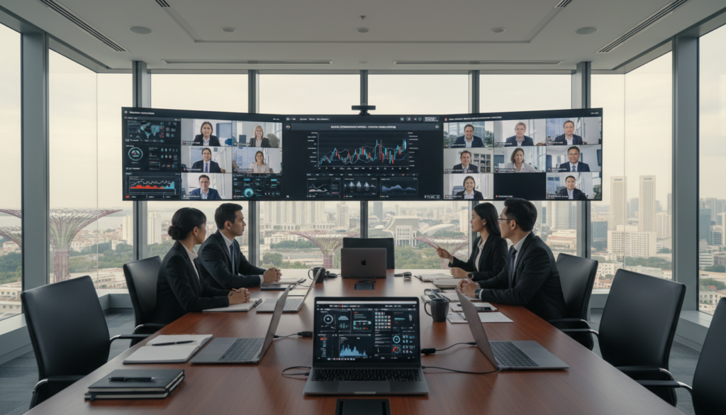 A modern corporate boardroom in Singapore, portraying a remote governance setup. Foreground features a sleek, polished conference table with high-tech laptops open, displaying graphs and charts. Middle layer shows a team of diverse professionals in business attire engaged in virtual discussions via large screens, demonstrating collaboration. The background includes large windows overlooking the Singapore skyline, filled with iconic skyscrapers under soft natural light. The atmosphere is one of focused professionalism and innovation, with an organized and tidy space reflecting compliance and security in remote operations. Use a wide-angle lens to capture the entire scene, accentuating the bright, inviting environment.
