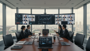 A modern corporate boardroom in Singapore, portraying a remote governance setup. Foreground features a sleek, polished conference table with high-tech laptops open, displaying graphs and charts. Middle layer shows a team of diverse professionals in business attire engaged in virtual discussions via large screens, demonstrating collaboration. The background includes large windows overlooking the Singapore skyline, filled with iconic skyscrapers under soft natural light. The atmosphere is one of focused professionalism and innovation, with an organized and tidy space reflecting compliance and security in remote operations. Use a wide-angle lens to capture the entire scene, accentuating the bright, inviting environment.