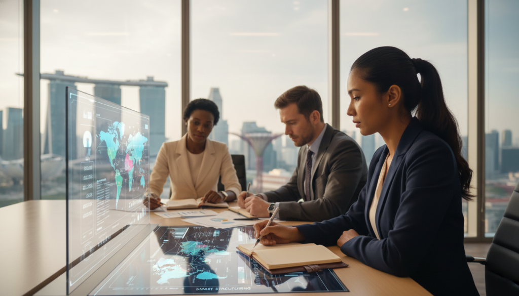 A modern corporate office environment showcasing a diverse group of professionals in business attire engaged in a strategic meeting. In the foreground, a South Asian woman points at a digital map displayed on a large screen, illustrating global tax structures. In the middle, a Caucasian man takes notes, while a Black woman and an East Asian man analyze financial documents spread on a conference table. The background features tall windows with a view of Singapore's skyline, bathed in soft, natural light. The atmosphere is one of collaboration and focus, emphasizing the importance of smart structuring decisions. The image should be photorealistic, captured with a shallow depth of field to highlight the professionals at work. A modern corporate office environment showcasing a diverse group of professionals in business attire engaged in a strategic meeting. In the foreground, a South Asian woman points at a digital map displayed on a large screen, illustrating global tax structures. In the middle, a Caucasian man takes notes, while a Black woman and an East Asian man analyze financial documents spread on a conference table. The background features tall windows with a view of Singapore's skyline, bathed in soft, natural light. The atmosphere is one of collaboration and focus, emphasizing the importance of smart structuring decisions. The image should be photorealistic, captured with a shallow depth of field to highlight the professionals at work.