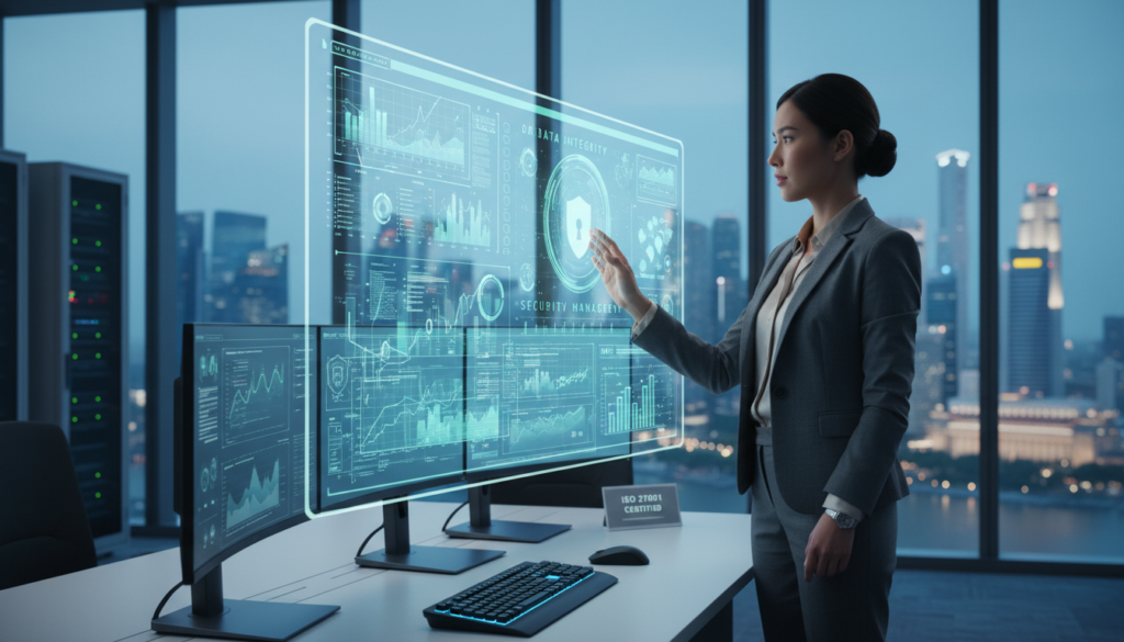 A modern corporate office focused on information management security, featuring a professional-looking businesswoman in a sleek suit, analyzing digital data on a transparent touchscreen interface. In the foreground, the touchscreen glows with graphs and security metrics, symbolizing data integrity and security management. The middle ground showcases a high-tech workspace with advanced computer systems, emphasizing a commitment to ISO standards. The background includes large windows revealing a skyline of Singapore, with soft blue and white light filtering through, creating a serene atmosphere. The overall mood conveys professionalism, security, and reliability, with a photorealistic finish and a slight depth of field to highlight the subject.